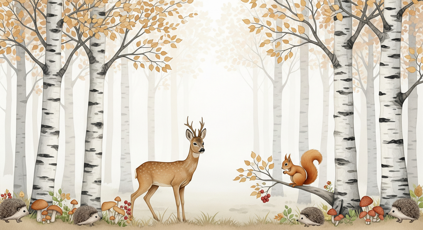 Flat artwork preview of the Kids-Mundo enchanted forest animals wall mural design.