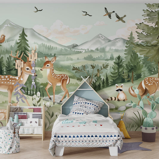 Kids-Mundo woodland deer and fox wall mural behind a bed in a calm kids bedroom