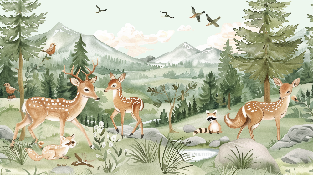Enchanted Forest Deer and Fox Wall Mural