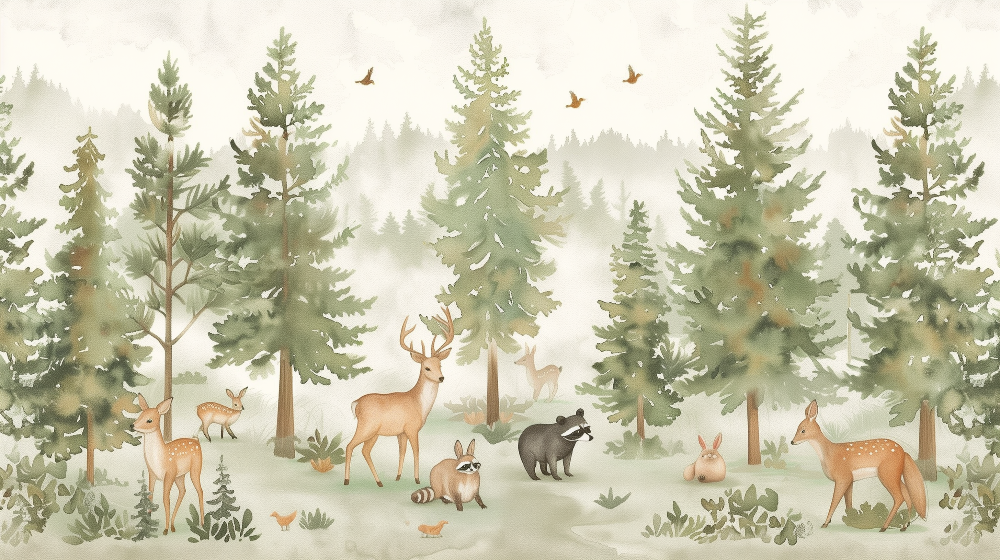 Enchanted Forest with Deer and Raccoons Wall Mural