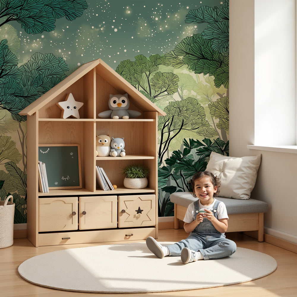 Enchanted forest mural wallpaper with starlit trees creating magical kids bedroom decor by Kids-Mundo