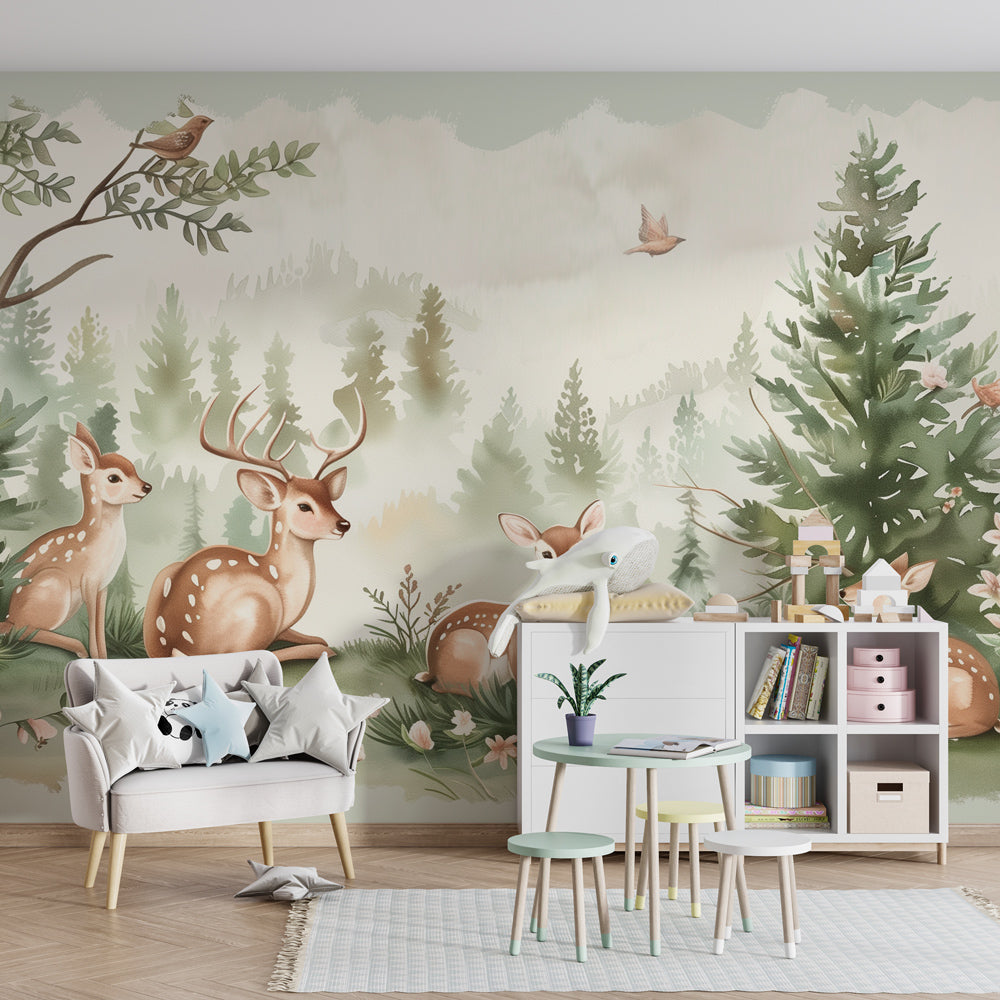 Woodland fawn mural wallpaper creating magical children's bedroom atmosphere with natural decor