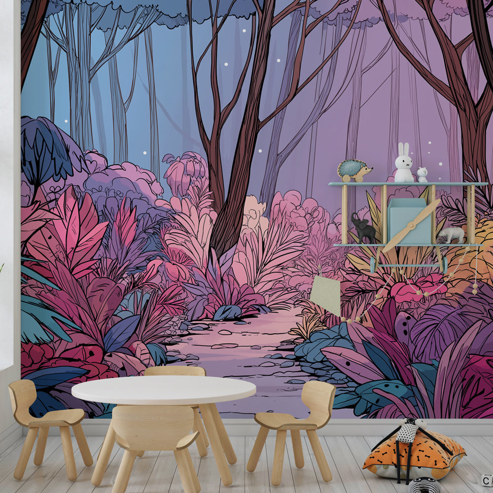 Vibrant forest wallpaper creating fairytale atmosphere in children's bedroom decor