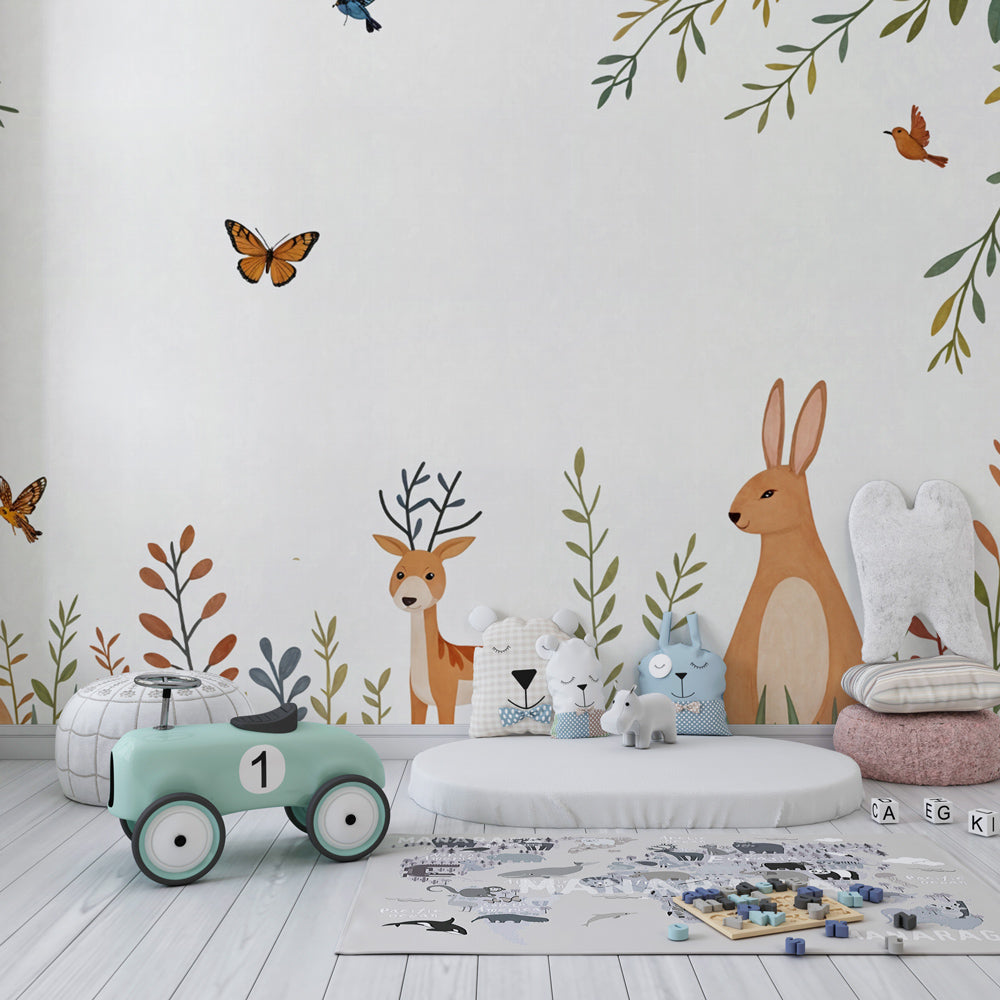 Forest animals mural wallpaper creating magical atmosphere in children's bedroom decor