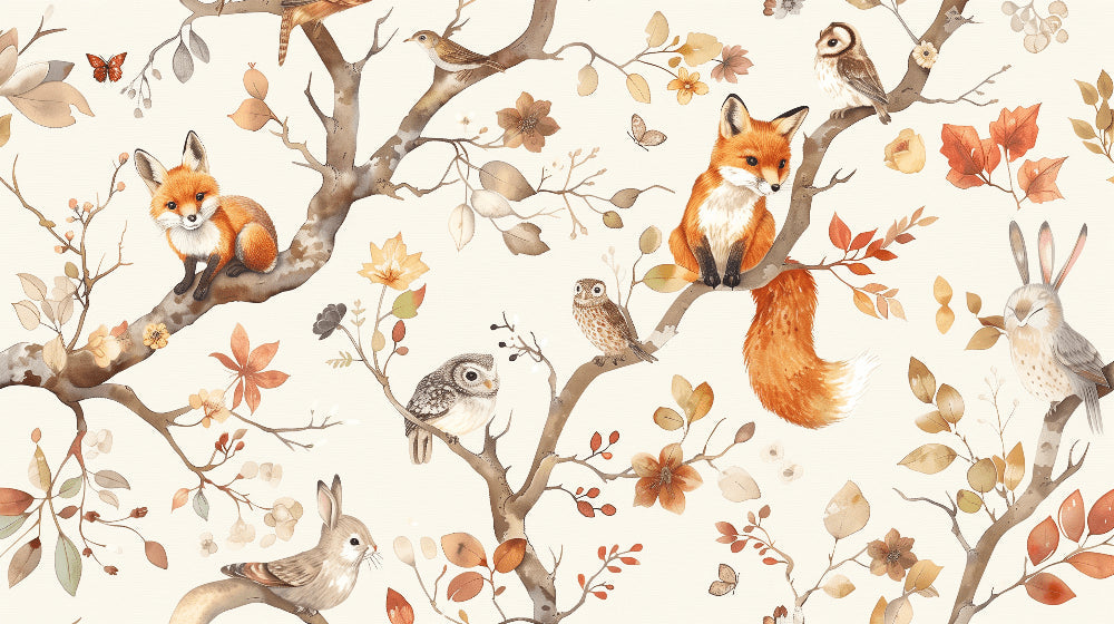 Detailed enchanted forest mural wallpaper design pattern with foxes and owls by Kids-Mundo