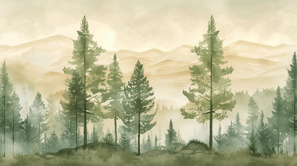 Detailed enchanted forest mural wallpaper design pattern with misty mountains by Kids-Mundo