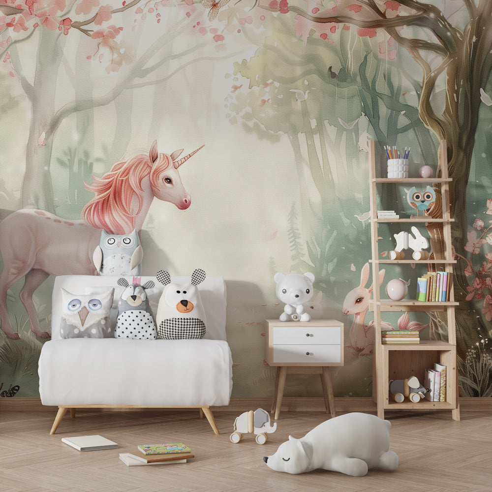 Whimsical forest wallpaper featuring dreamy rabbits in children's bedroom setting