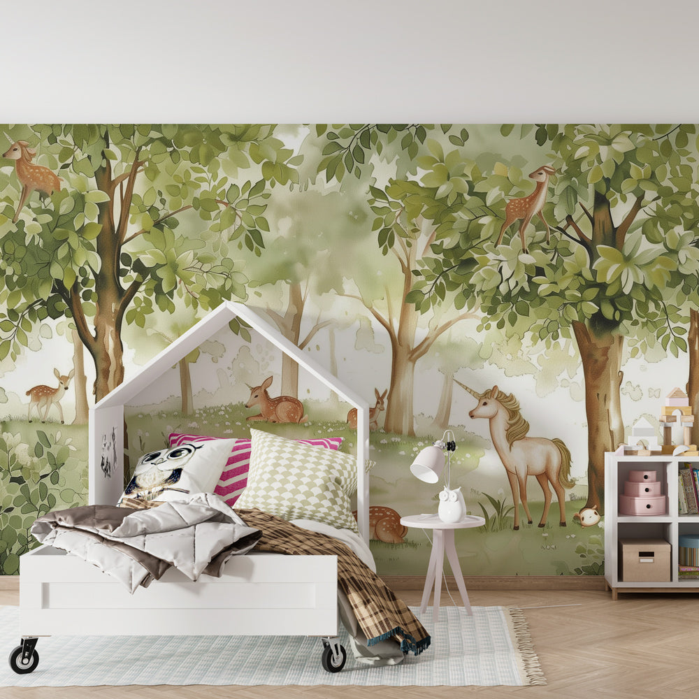 Magical woodland forest wallpaper creating dreamy atmosphere in children's bedroom decor