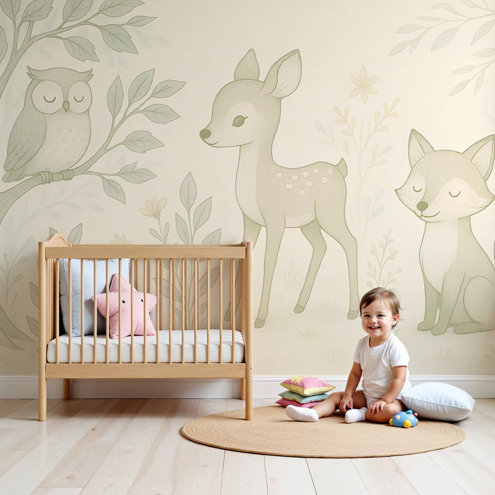 Enchanted forest mural wallpaper with cute animals creating serene nursery atmosphere by Kids-Mundo
