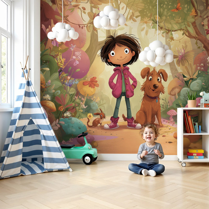 Enchanted forest mural wallpaper with child and dog in colorful nursery by Kids-Mundo