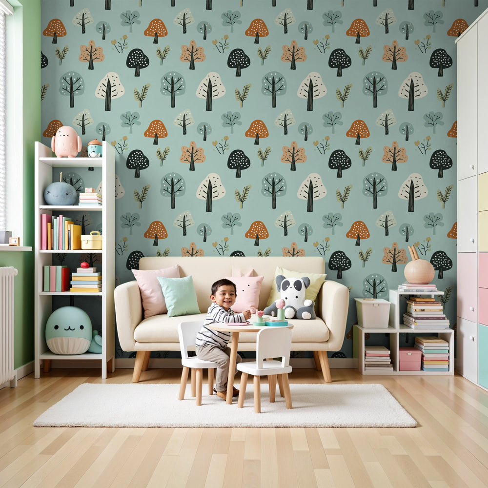 Enchanted forest mural wallpaper with colorful trees in modern kids nursery by Kids-Mundo
