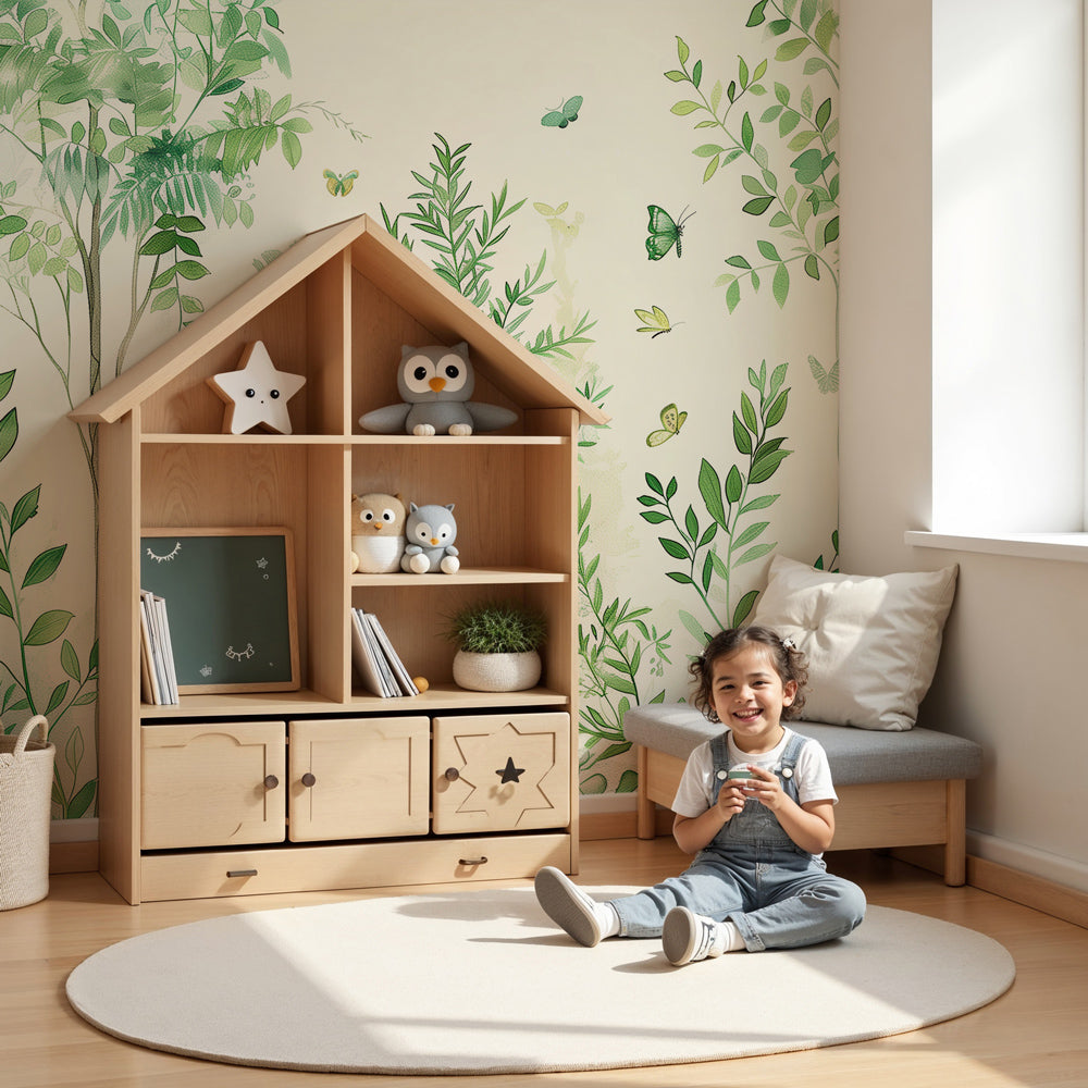 Enchanted forest mural wallpaper with green butterflies in modern nursery by Kids-Mundo