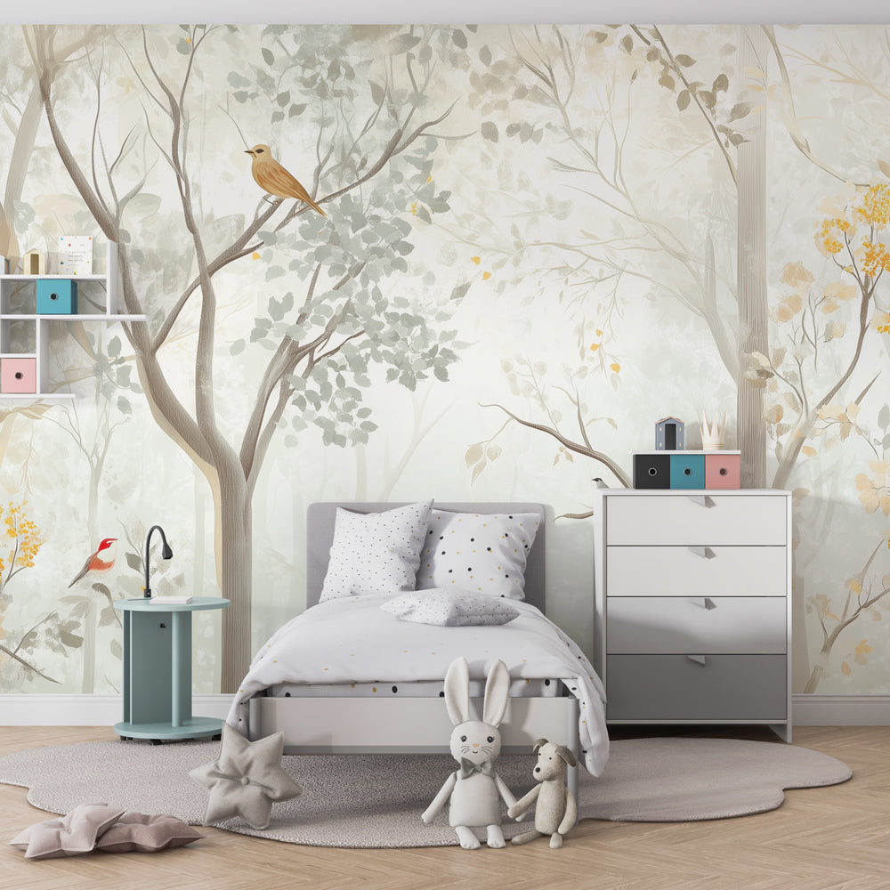 Forest themed wallpaper creating peaceful atmosphere in toddler bedroom with natural tones