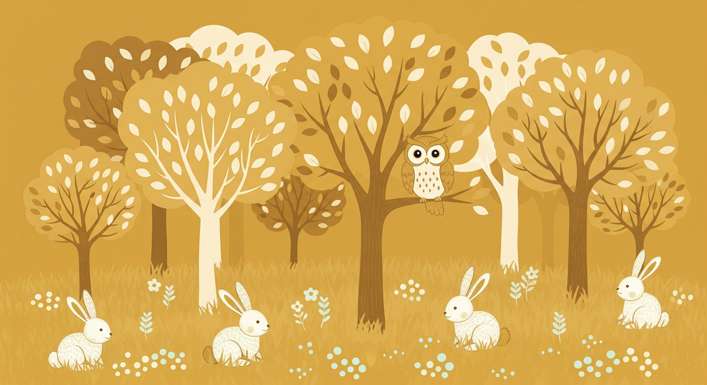 Kids-Mundo flat artwork of a golden forest with an owl and white rabbits below