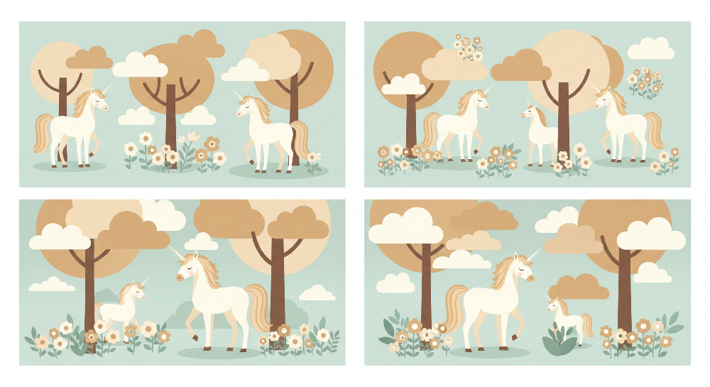 Kids-Mundo flat artwork of unicorns wandering beneath round treetops in a soft enchanted forest