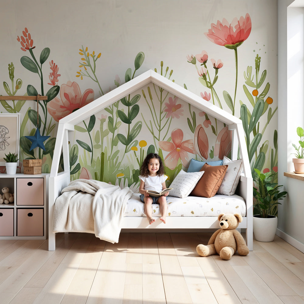 Enchanted garden mural wallpaper with pastel rabbits in modern nursery by Kids-Mundo
