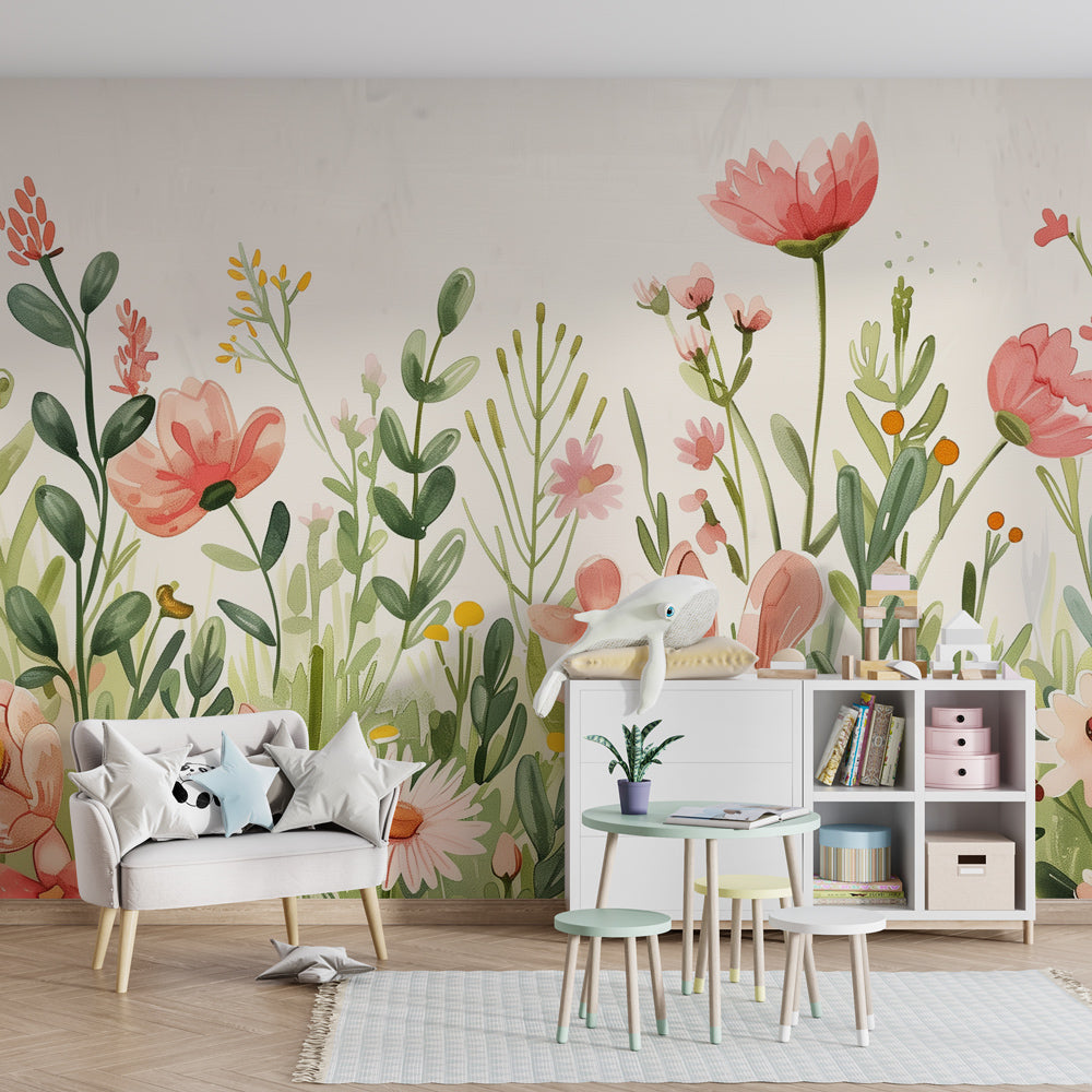 Pastel rabbit and flower wallpaper creating serene toddler bedroom atmosphere