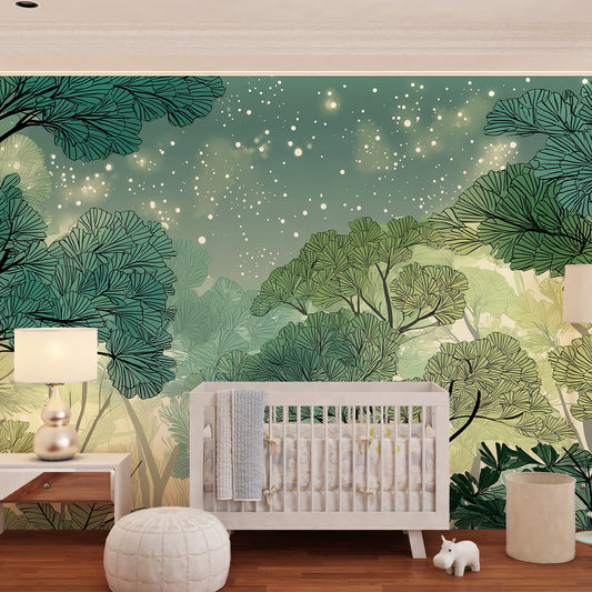 Kids-Mundo starry forest wall mural on a kids bedroom wall, creating a magical woodland backdrop.