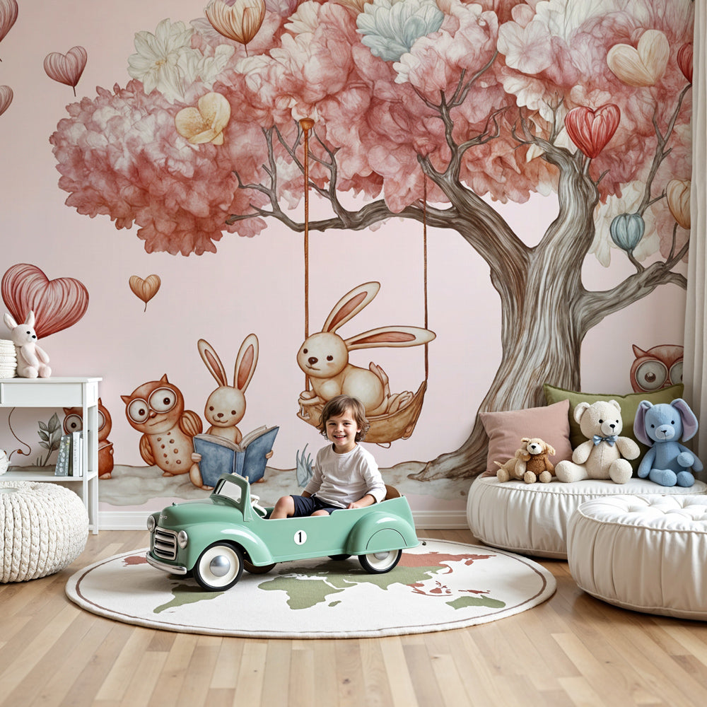 Enchanted tree mural wallpaper with woodland animals in modern nursery by Kids-Mundo