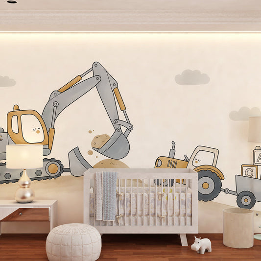 Kids-Mundo excavator and alphabet tractor wall mural behind a bed in a kids bedroom.