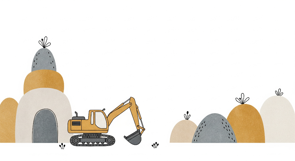 Yellow Excavator and Rocky Hills Wall Mural
