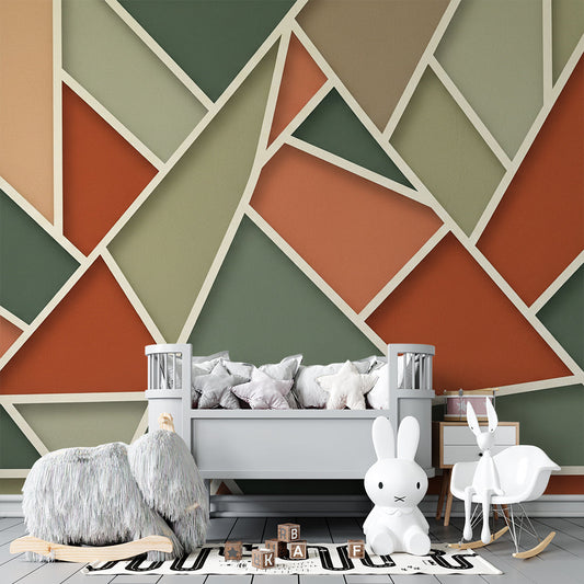 Kids bedroom featuring a terracotta geometric triangle wall mural by Kids-Mundo above a single bed