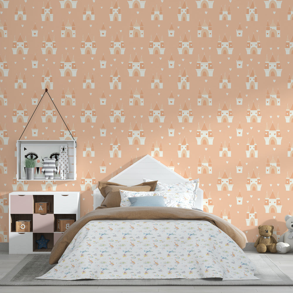 Pink castle wallpaper transforming children's bedroom into enchanted fairy tale space