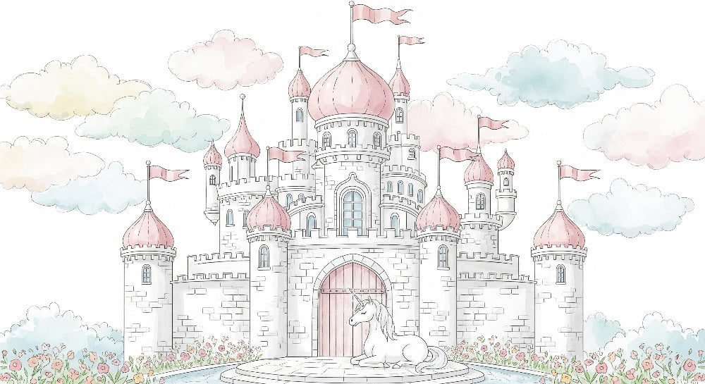 Detailed fairy castle and unicorn mural wallpaper design pattern by Kids-Mundo