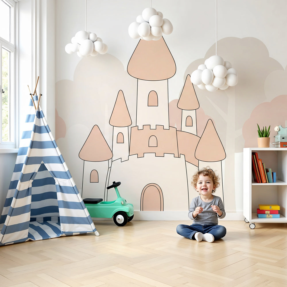 Fairy castle mural wallpaper creating magical nursery decor with pastel trees by Kids-Mundo