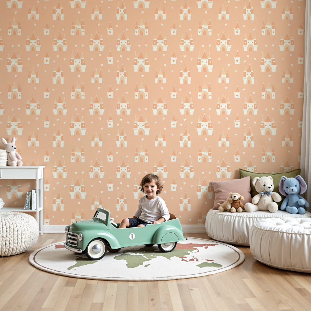 Fairy castle mural wallpaper with pink hearts creating magical girls nursery decor by Kids-Mundo