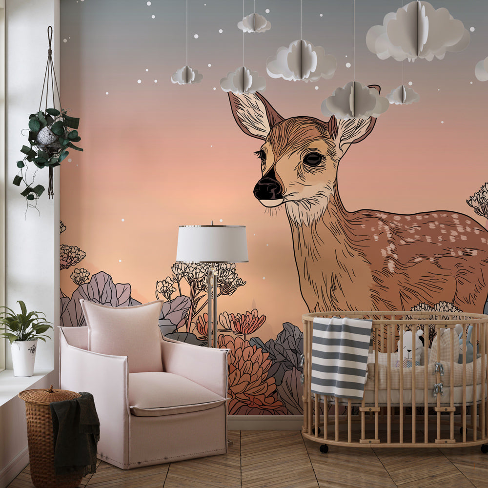 Enchanted forest wallpaper transforming baby bedroom with gentle fawn and botanical elements