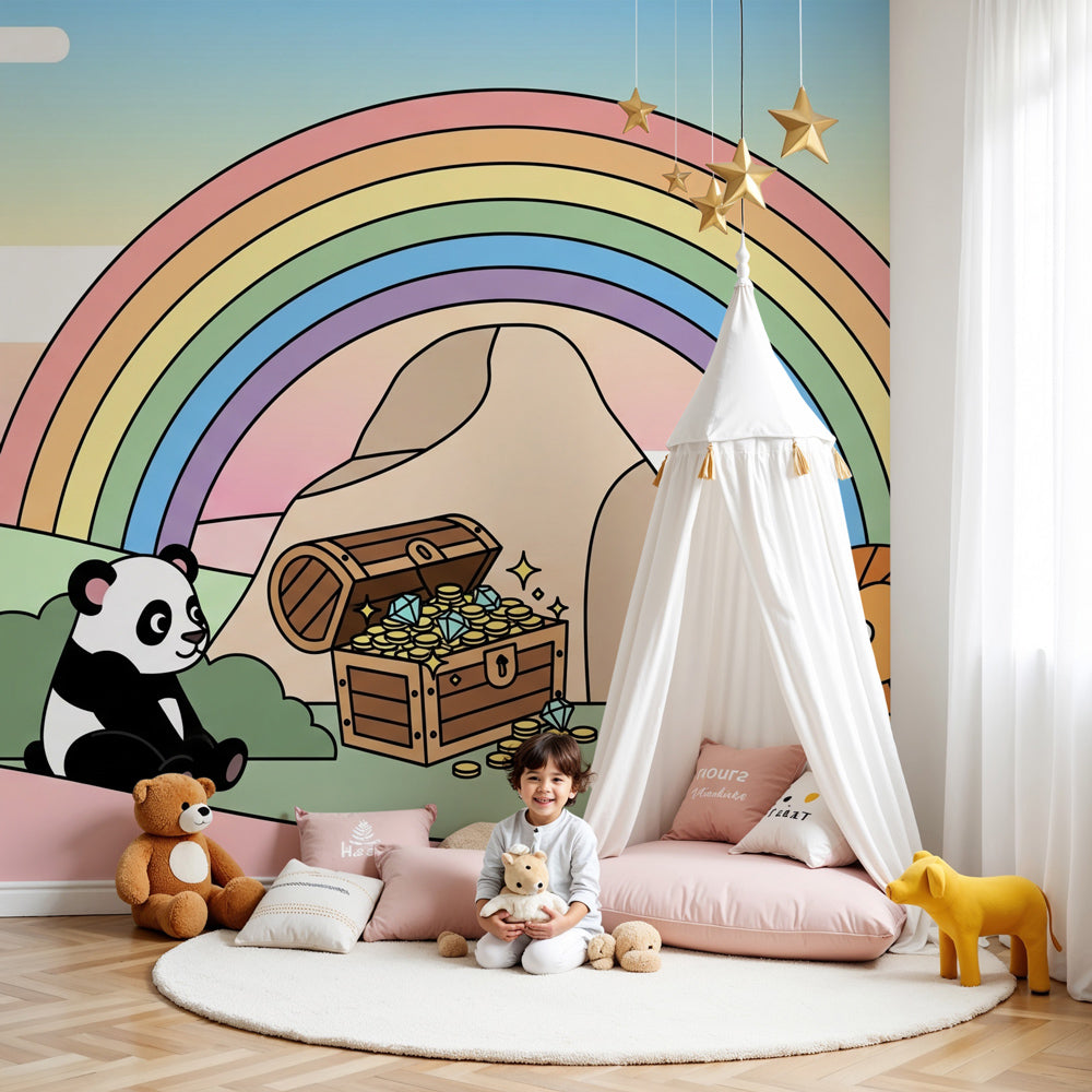 Fairy tale mural wallpaper with panda and lion in modern nursery room by Kids-Mundo