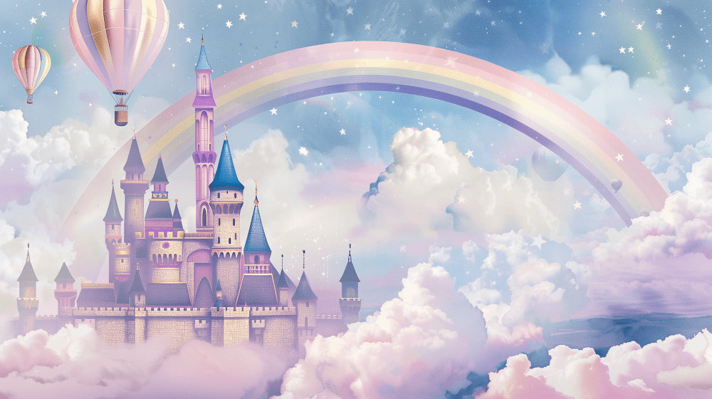 Detailed fairytale castle with clouds and rainbow mural wallpaper design pattern by Kids-Mundo