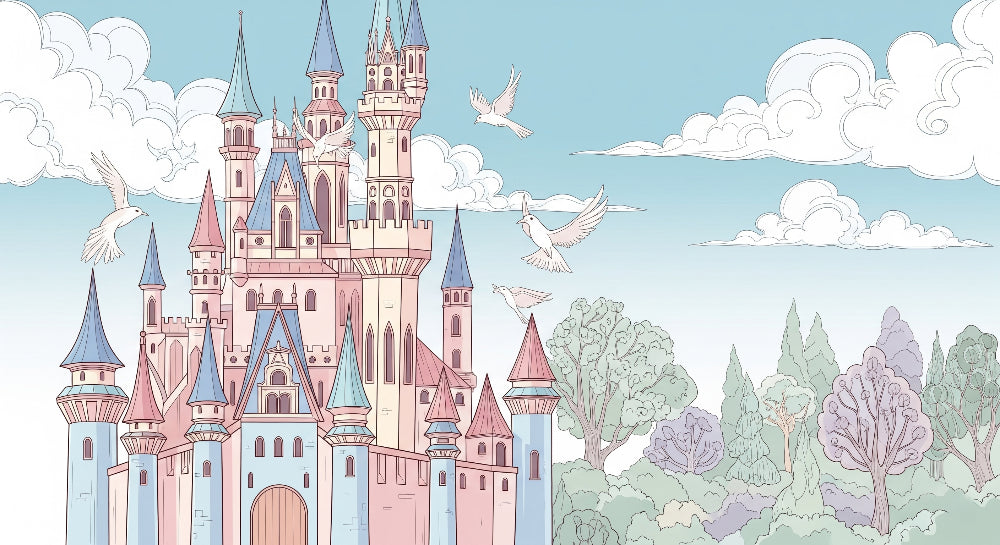 Detailed fairytale castle mural wallpaper design pattern with enchanted landscape by Kids-Mundo