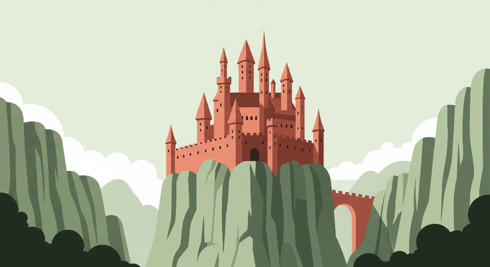 Kids-Mundo flat artwork of a terracotta fairytale castle on green mountain peaks.