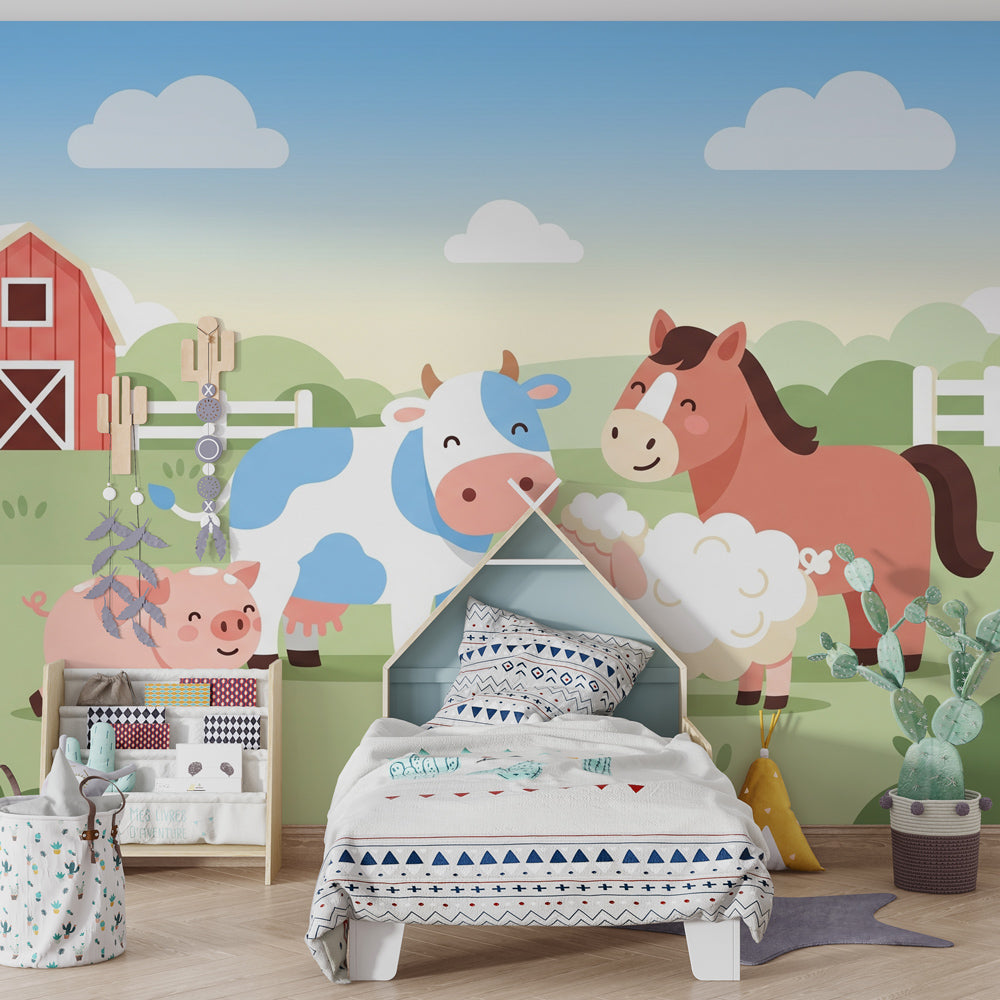 Happy barnyard mural wallpaper creating magical atmosphere in children's bedroom