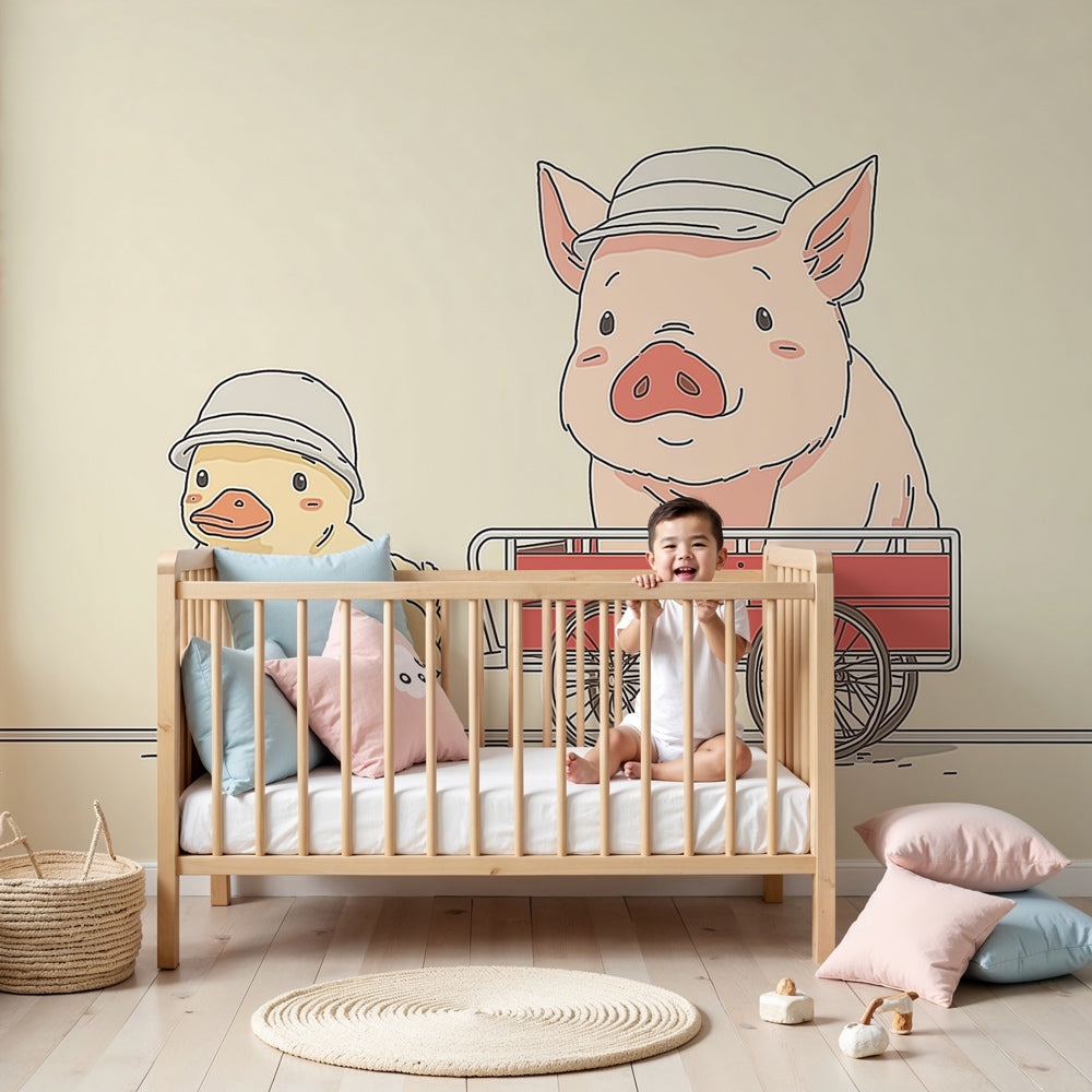 Farm animals mural wallpaper with pig and duck in modern nursery by Kids-Mundo