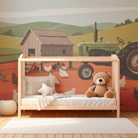 Kids-Mundo farm tractor and hens mural, printed made to measure for a child's bedroom wall.