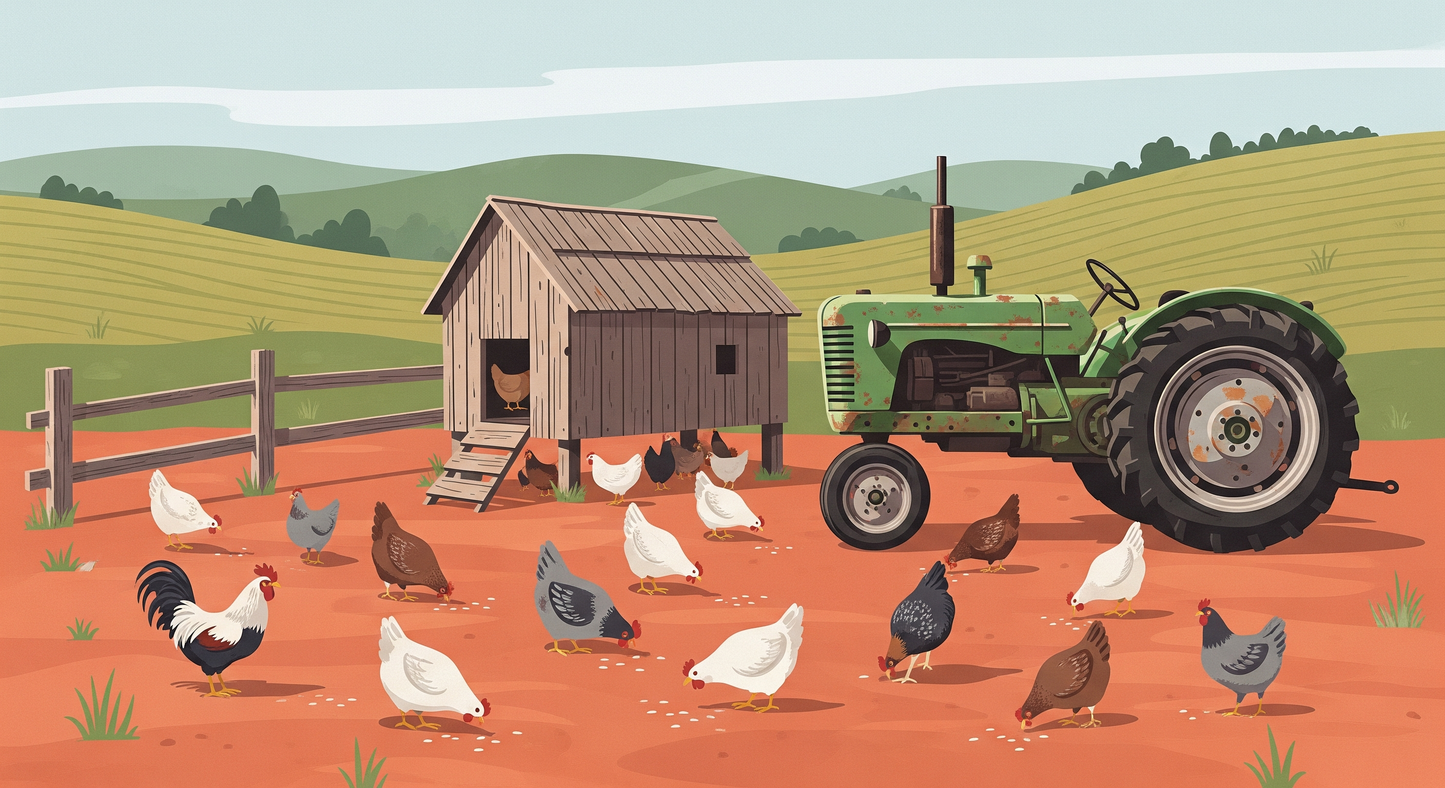 Kids-Mundo flat artwork preview of the farmyard wall mural featuring a tractor, henhouse and hens.