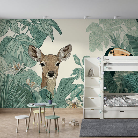 Kids-Mundo woodland fawn and toucan wall mural on a kids bedroom feature wall