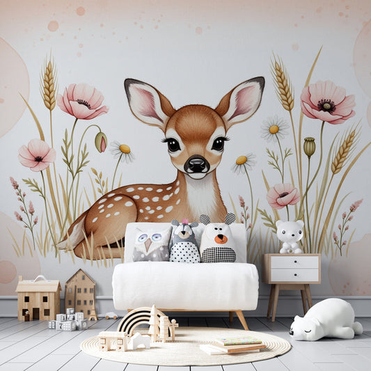 Kids-Mundo fawn and wildflower wall mural shown on a kids bedroom wall above a bed.