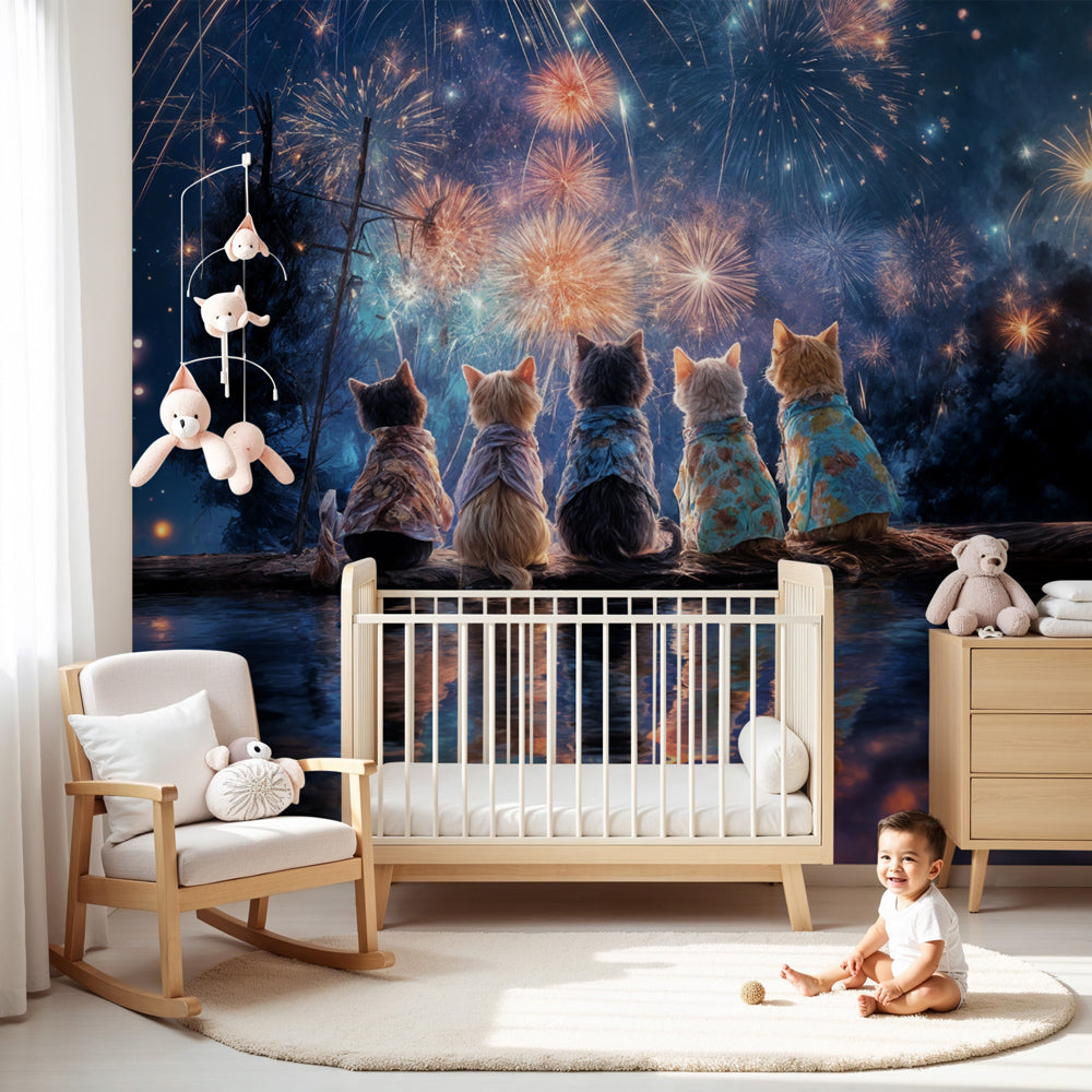 Festive cats mural wallpaper with fireworks display in modern nursery by Kids-Mundo
