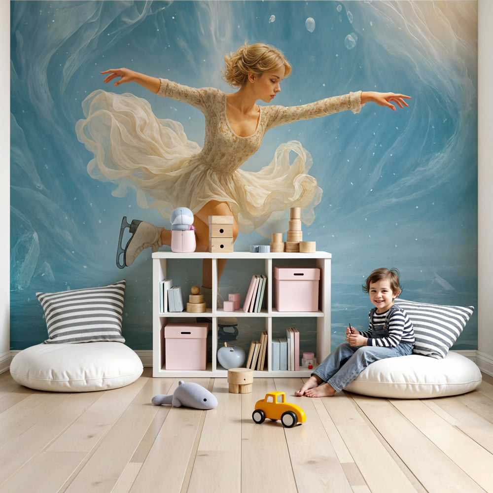 Figure skating mural wallpaper in elegant girls bedroom with dreamy blue ice dancer by Kids-Mundo