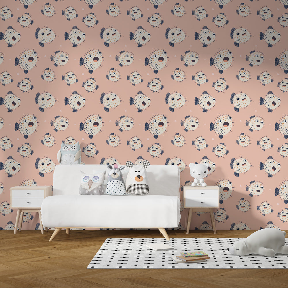 Pink fish wallpaper transforming children's bedroom into playful ocean sanctuary