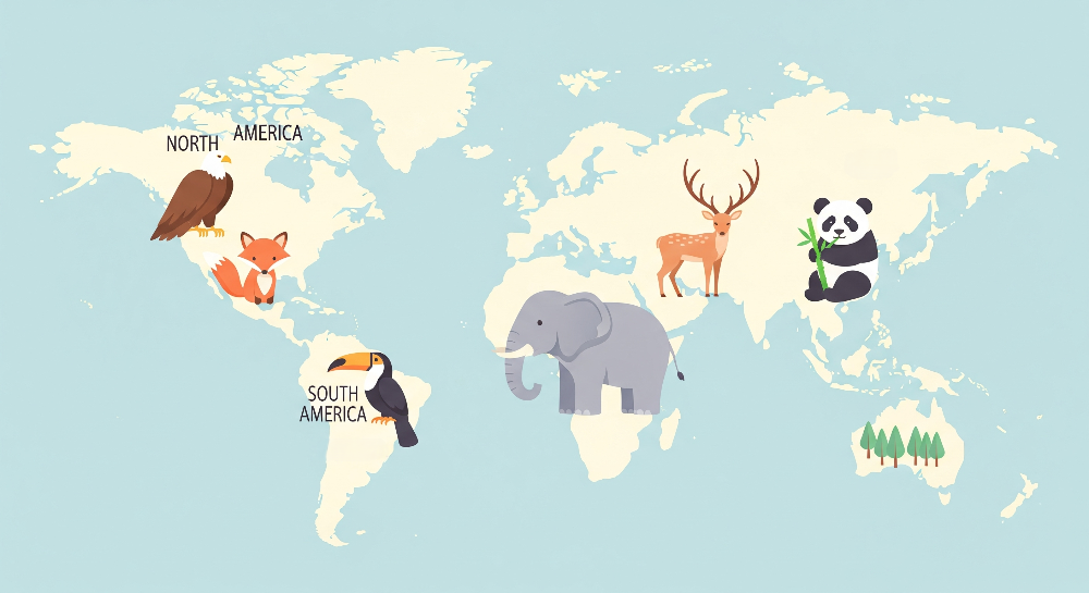 Kids-Mundo beige world map artwork featuring an eagle, fox, toucan, elephant and panda