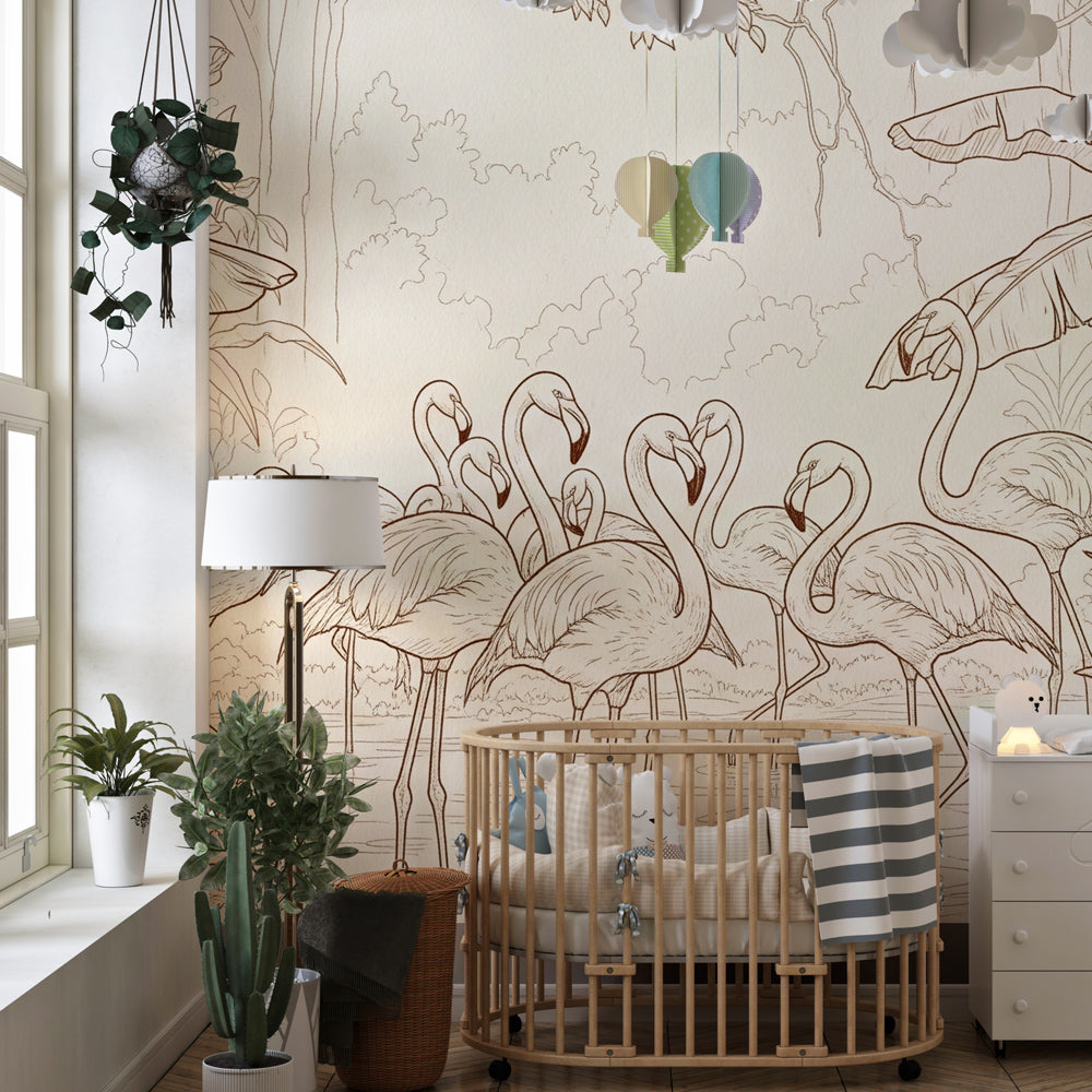 Tropical flamingo wallpaper creating serene atmosphere in children's bedroom with natural tones