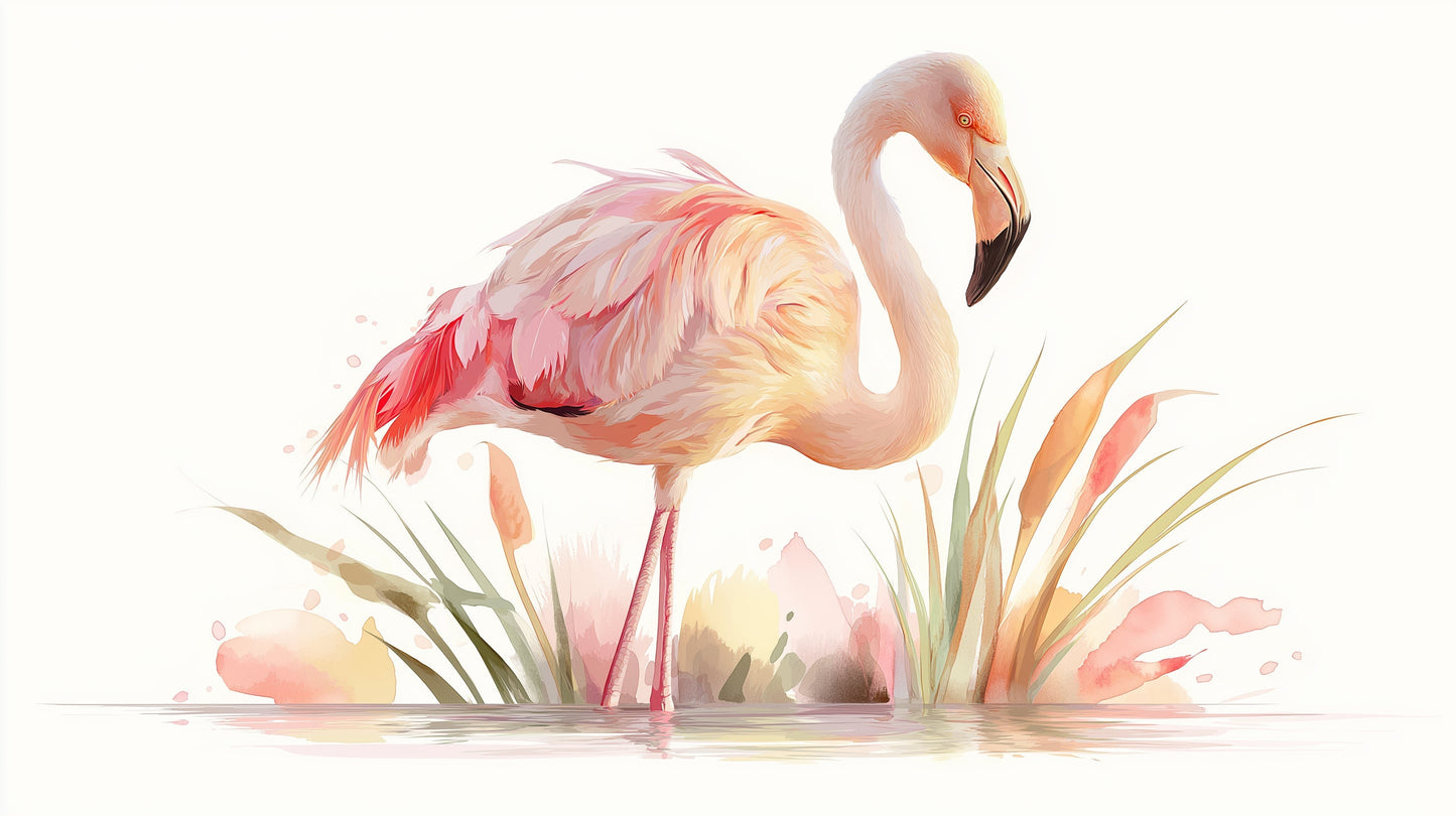 Detailed pink flamingo mural wallpaper design pattern with watercolor aquatic elements by Kids-Mundo