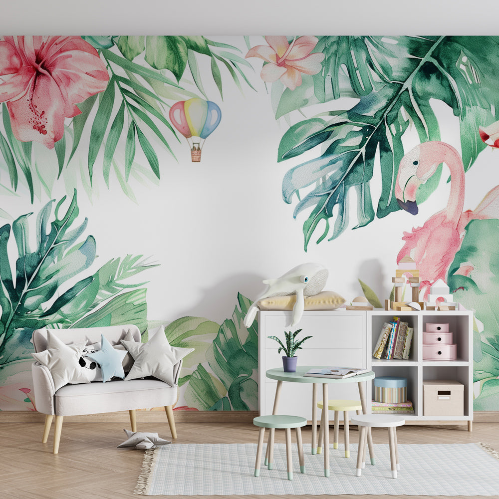 Pink flamingo and hot air balloon wallpaper creating tropical paradise in children's bedroom