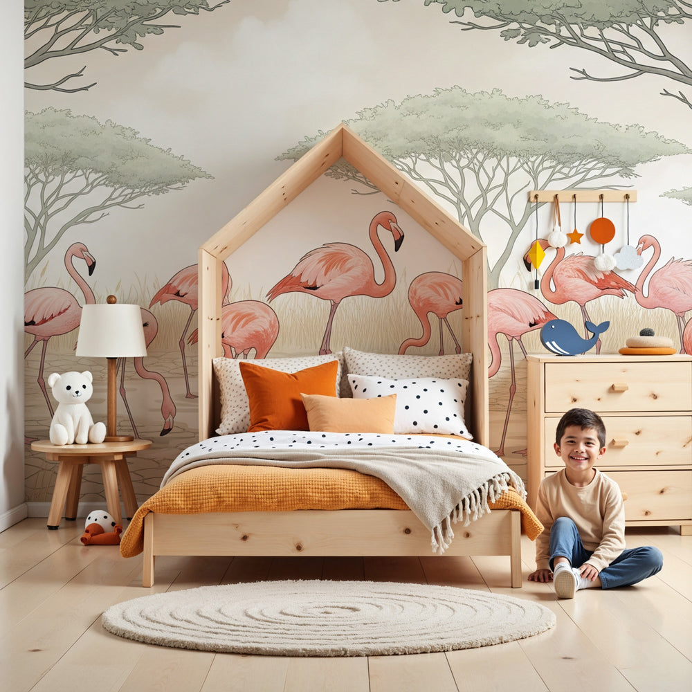 Flamingo mural wallpaper in modern nursery with soft pink birds and savanna landscape by Kids-Mundo