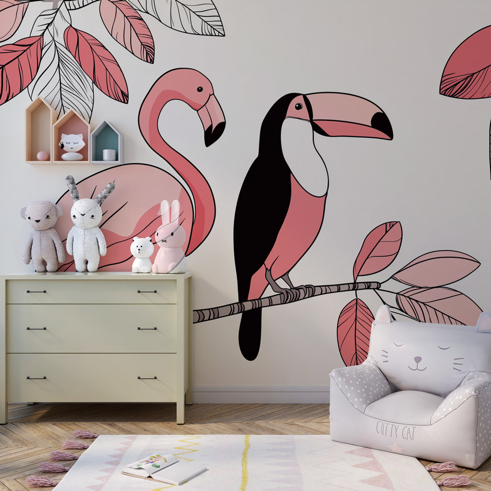 Tropical birds wallpaper creating exotic atmosphere in children's bedroom decor